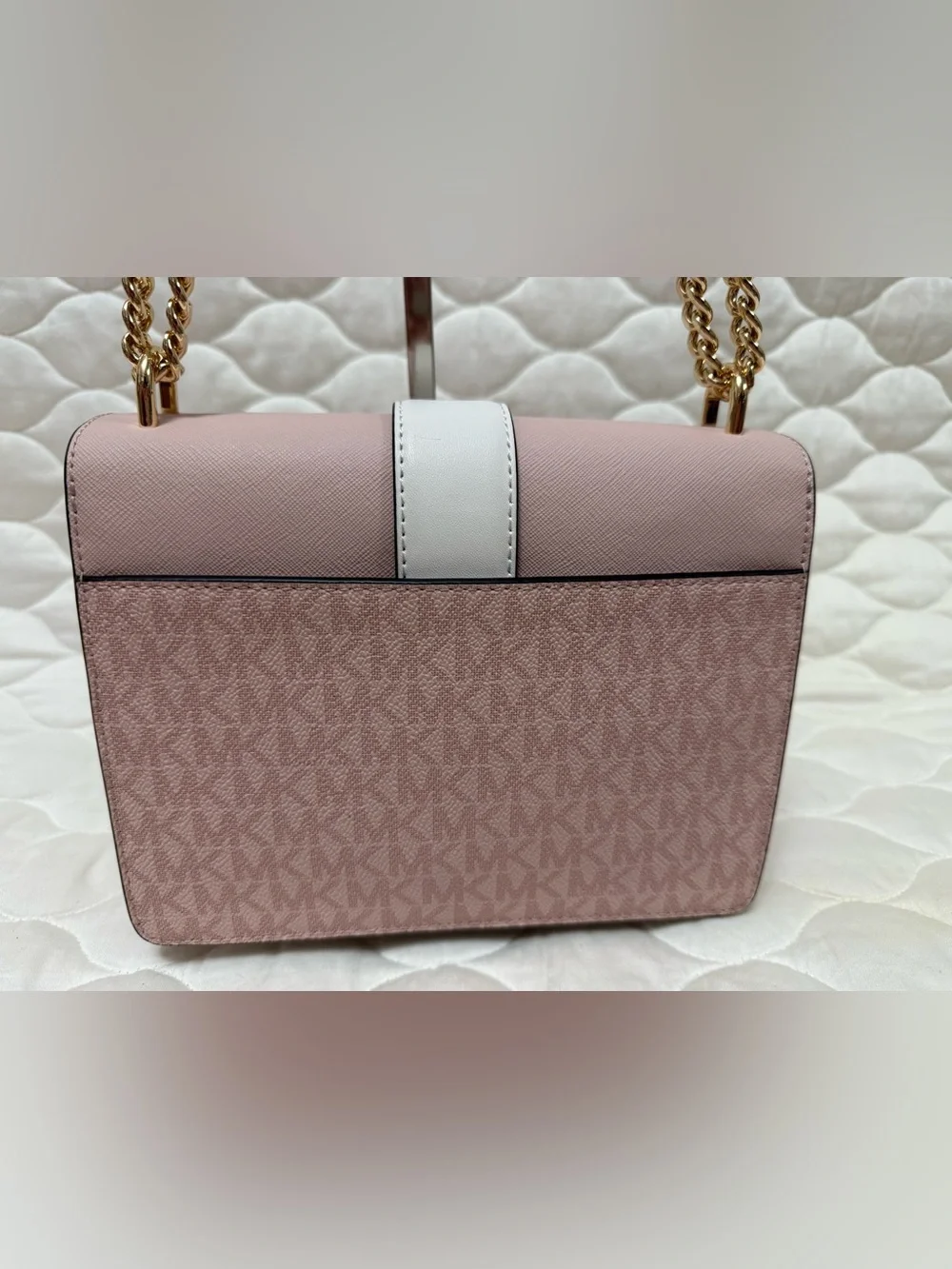 Michael Kors Blush Pink & White Leather Shoulder Bag with Gold MK Accent